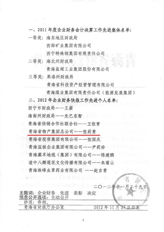 物產(chǎn)集團(tuán)榮獲2011年度財(cái)務(wù)決算先進(jìn)單位、2012年度財(cái)務(wù)快報(bào)工作先進(jìn)個(gè)人表彰